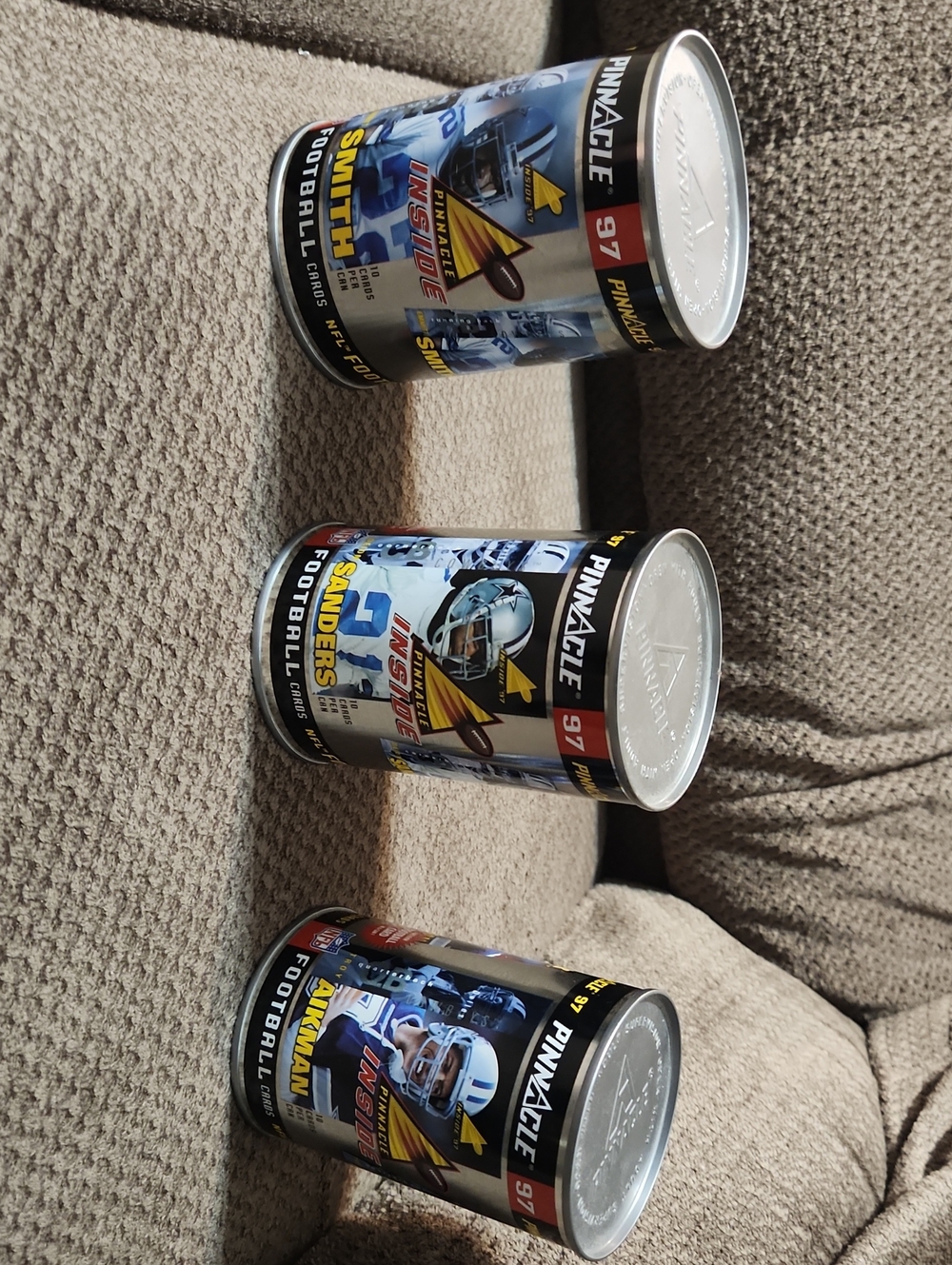 Aikman, Emmitt, Deion Pinnacle Football Cards In Can